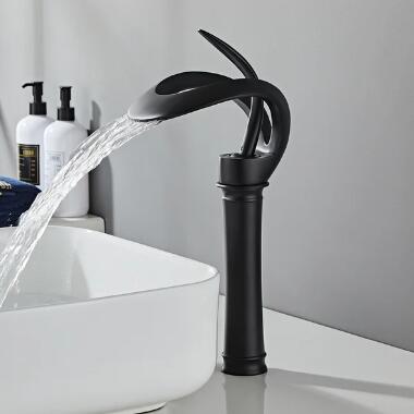 Modern Creative Elegant Waterfall Black Brass Bathroom Countertop Basin Faucet FB0448