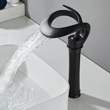 Modern Creative Elegant Waterfall Black Brass Bathroom Countertop Basin Faucet FB0448