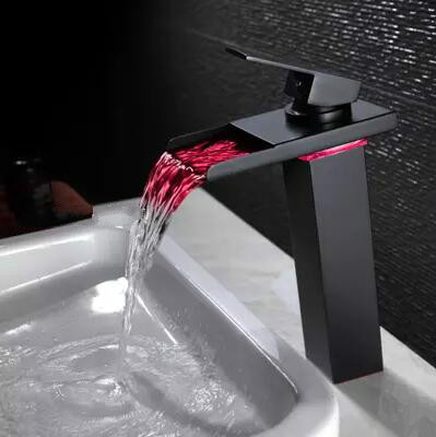 Black Bronze Brass Waterfall Bathroom Mixer LED Color Changing Sink Faucet TB288L