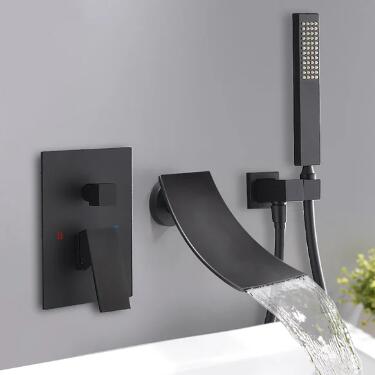 Modern in Matte Black Waterfall Wall-Mount Bath Filler Mixer Faucet & Hand Shower TF680B