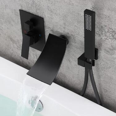 Modern in Matte Black Waterfall Wall-Mount Bath Filler Mixer Faucet & Hand Shower TF680B