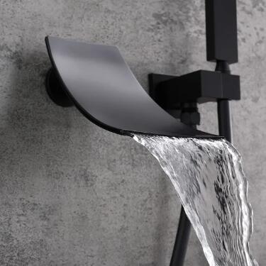 Modern in Matte Black Waterfall Wall-Mount Bath Filler Mixer Faucet & Hand Shower TF680B