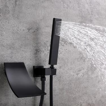 Modern in Matte Black Waterfall Wall-Mount Bath Filler Mixer Faucet & Hand Shower TF680B